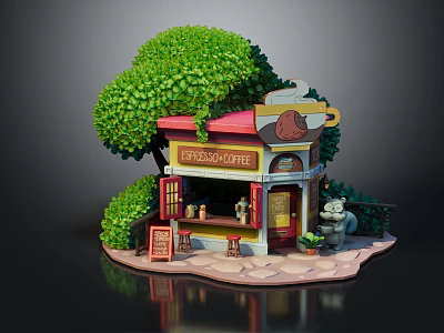 Cute Cartoon Coffee Shop Scene With Lush Green Tree Playful Squirrel And Menu Board 3d model