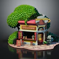 Cute Cartoon Coffee Shop Scene With Lush Green Tree Playful Squirrel And Menu Board