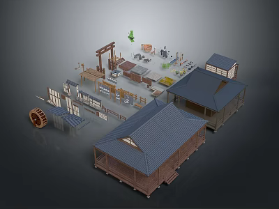 Traditional Wooden House With Blue Roof Design And Windmill Platform Architectural Components 3d model