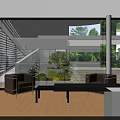 Bright Spacious Indoor Lounge With Large Glass Windows Overlooking Lush Green Natural Garden Landscape