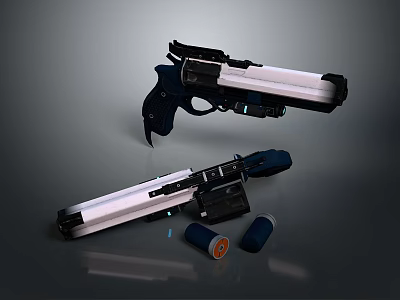 Futuristic Double Guns With White Blue Components And Ammunition 3d model