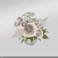 White Vase With Pink And White Roses Small Flowers And Green Leaves