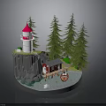 Miniature Coastal Landscape With Red White Lighthouse Rocky Cliff Wooden Cabin Pine Trees And Boat