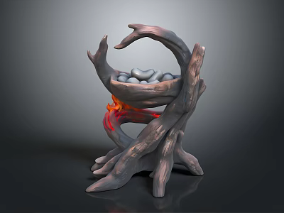 Root Shaped Decorative Structure With Wooden Texture Stone Filled Basket And Flame Base 3d model