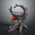 Root Shaped Decorative Structure With Wooden Texture Stone Filled Basket And Flame Base