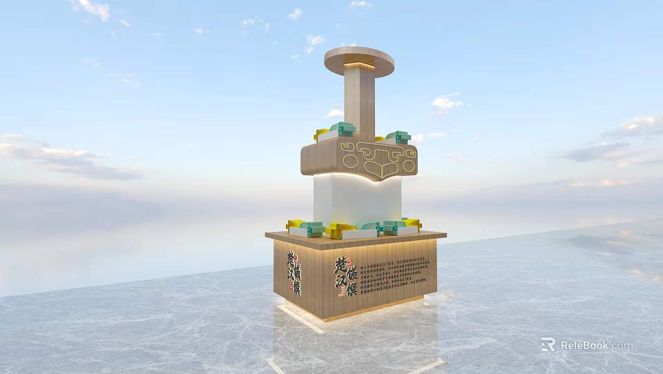 Multi Tiered Wooden Display Cabinet Shelf With Decorative Items And Carved Details 3d model 