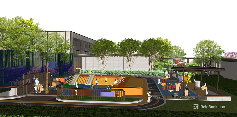Vibrant Outdoor Children's Play Area Featuring Slides Trees And Play Equipment 3d model 