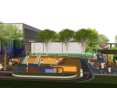 Vibrant Outdoor Children's Play Area Featuring Slides Trees And Play Equipment 3d model