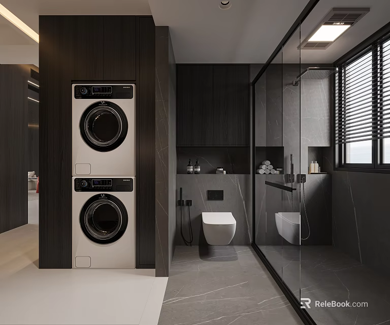 Modern Bathroom With Stacked Washer Dryer Toilet Glass Shower Dark Wooden Cabinets And Window Blinds 3d model 