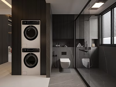 Modern Bathroom With Stacked Washer Dryer Toilet Glass Shower Dark Wooden Cabinets And Window Blinds 3d model