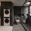 Modern Bathroom With Stacked Washer Dryer Toilet Glass Shower Dark Wooden Cabinets And Window Blinds