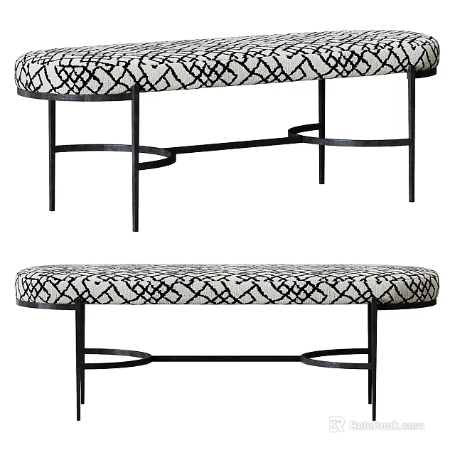 Chic Benches With Geometric Pattern Cushions And Black Metal Frames 3d model 