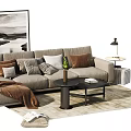 Modern Beige Sofa Coffee Table Set With Multiple Pillows Throw Blanket And Wall Art 3d model