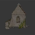 Ruined Stone Building Structure Featuring Damaged Roof Wooden Beams And Grass Growth
