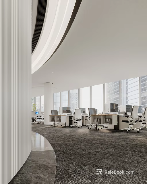 Modern Public Office Space With Open Workstations Computers Office Chairs And Large Windows 3d model 