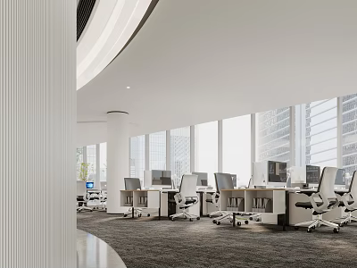 Modern Public Office Space With Open Workstations Computers Office Chairs And Large Windows 3d model