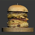 Delicious Layered Burger With Juicy Patty Bacon And Melted Cheese Served On Wooden Plate