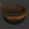 Dark Colored Ceramic Bowl with Red Exterior Band and White Floral Patterns