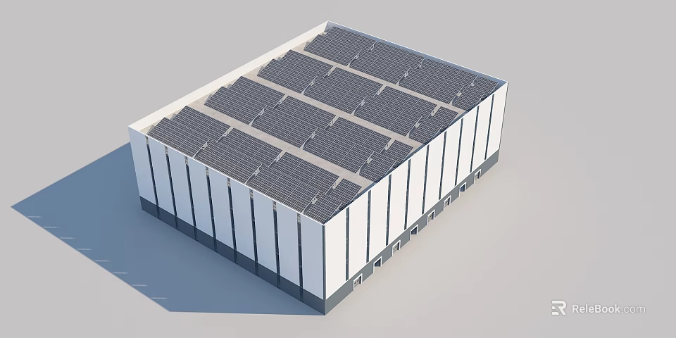 Modern Industrial Factory Building With Solar Panels Installed on Roof Top 3d model 