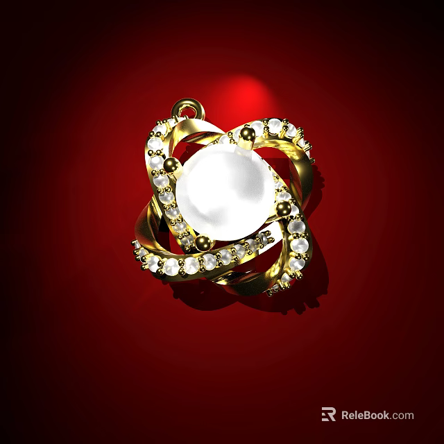 Golden Twisted Jewelry Pendant With Center Pearl And Surrounding Diamonds 3d model 