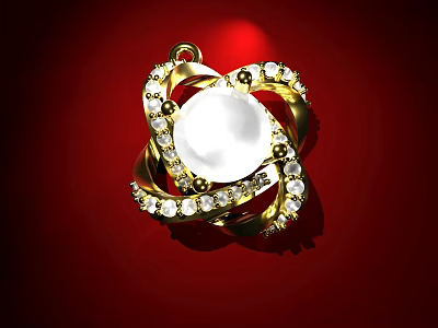 Golden Twisted Jewelry Pendant With Center Pearl And Surrounding Diamonds 3d model