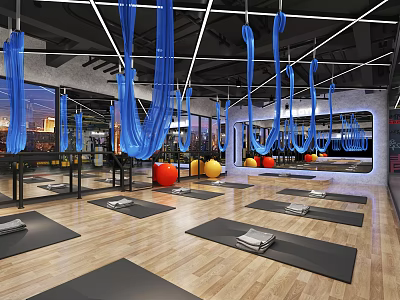 Spacious Yoga Studio With Blue Hammocks Yoga Mats And Colorful Exercise Balls On Wooden Floors 3d model