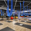 Spacious Yoga Studio With Blue Hammocks Yoga Mats And Colorful Exercise Balls On Wooden Floors