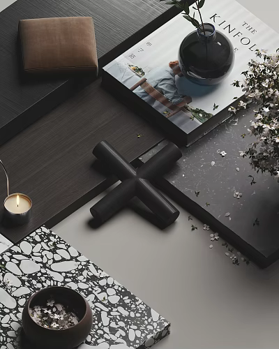 Modern Decorative Ornament Set With Black Cross Candle Books And Flower Petals On Marble Surfaces 3d model