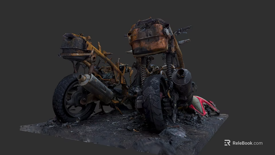 Abandoned Old Rusty Motorcycle With Wrecked Damaged Parts On Muddy Ground 3d model 