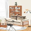 Modern Minimalist Beige Sofa And Wooden Coffee Table Set With Bookshelf Plant And Window