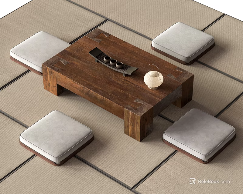 Rustic Wooden Tea Table with Gray Cushioned Stools and Ceramic Tea Set on Tatami 3d model 