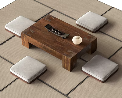 Rustic Wooden Tea Table with Gray Cushioned Stools and Ceramic Tea Set on Tatami 3d model