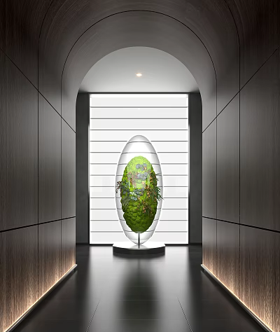 Modern Transparent Oval Sculpture Carving with Green Plant Landscape in Corridor White Louver Background 3d model