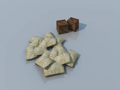 Pile of Beige Square Objects Next to Brown Cubes on Gray Background 3d model