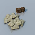 Pile of Beige Square Objects Next to Brown Cubes on Gray Background 3d model