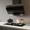 Modern Kitchen Appliances Range Hood And Gas Stove With Black Beige Lidded Pots Blue Flames