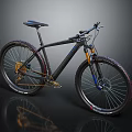 Black Mountain Bike With Golden Components Suspension Fork And Wide Tires