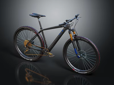 Black Mountain Bike With Golden Components Suspension Fork And Wide Tires 3d model
