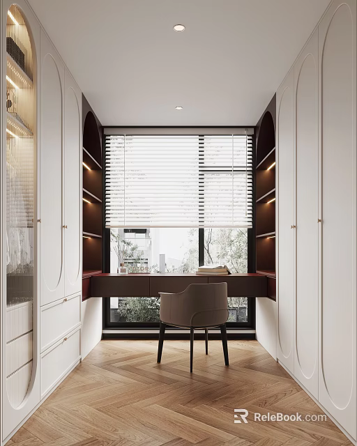 Modern Closet Design With Large Window Blinds Desk And Chair 3d model