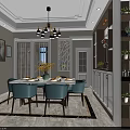 Modern Dining Room Featuring Stylish Chandelier White Table And Blue Chairs