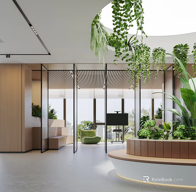 Modern Conference Room Interior With Glass Partitions Hanging Plants Indoor Greenery And Natural Light 3d model 