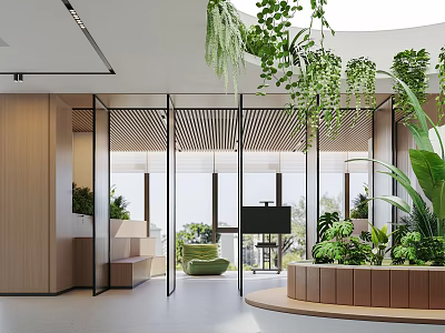 Modern Conference Room Interior With Glass Partitions Hanging Plants Indoor Greenery And Natural Light 3d model