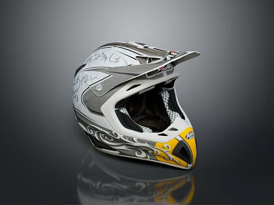 Stylish Off Road Motorcycle Helmet Featuring Gray White Yellow Patterns And Visor 3d model