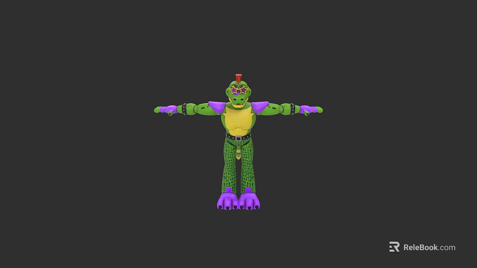Cartoon Reptile Character With Green Scaly Body And Purple Limbs Stretching Arms 3d model 