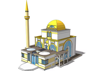 European Style Architecture With Golden Dome Spire Arched Windows And White Yellow Exterior 3d model