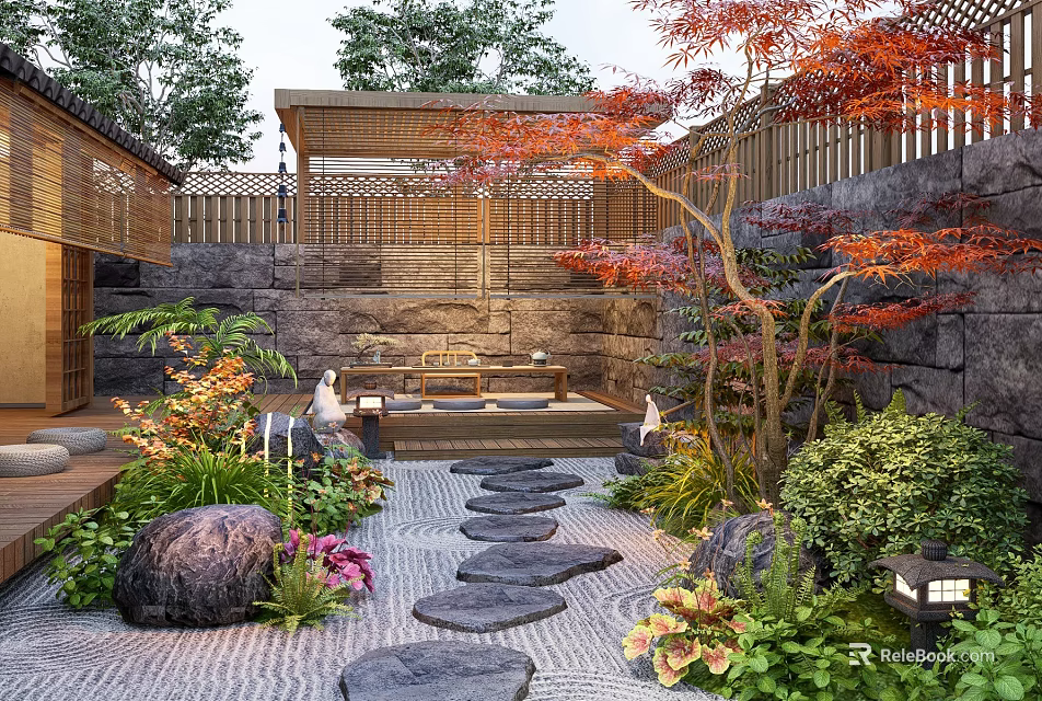 Traditional Garden Courtyard With Stepping Stones Red Maple Tree Stone Lanterns Green Plants And Flowers 3d model 