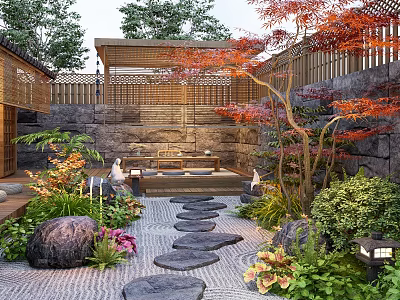 Traditional Garden Courtyard With Stepping Stones Red Maple Tree Stone Lanterns Green Plants And Flowers 3d model