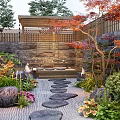 Traditional Garden Courtyard With Stepping Stones Red Maple Tree Stone Lanterns Green Plants And Flowers