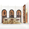 Modern Bar Interior With Arched Wine Racks Red Stools And Metallic Counter