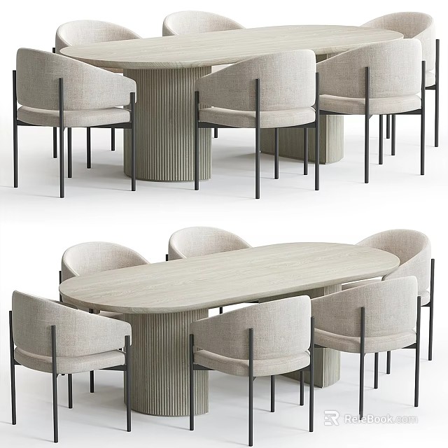 Stylish Dining Table Set With Oval Wooden Tabletop And Upholstered Metal Leg Chairs 3d model 